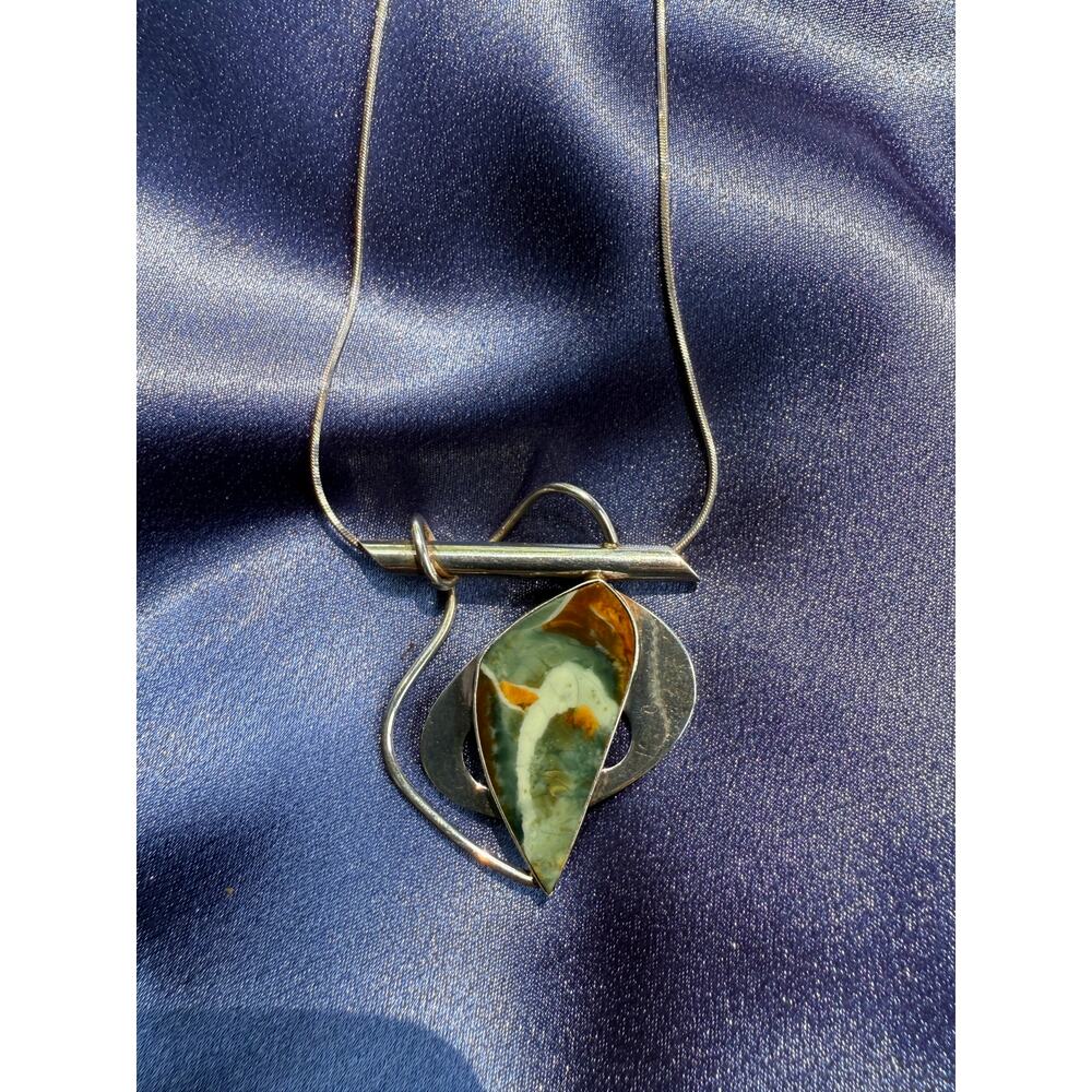OOAK 1970s Sterling & Ocean Jasper Brooch/Pendant with Sterling Chain